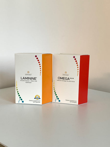 Set of Omega+++ bottle (120 softgels) & Laminine bottle (120 capsules) - Dietary Supplements